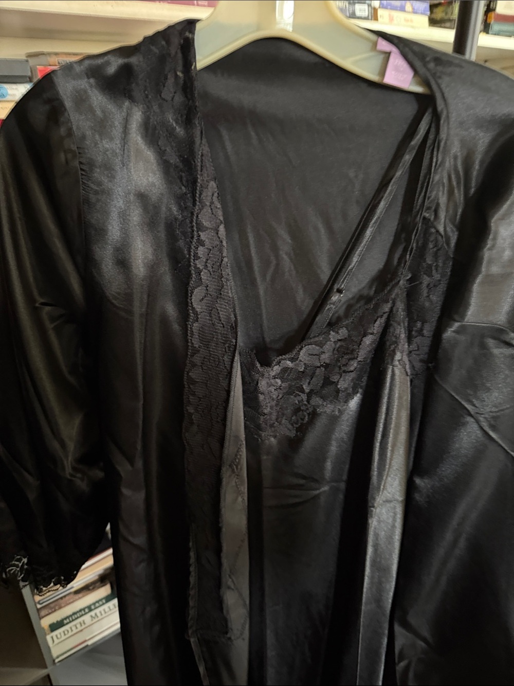 Black Satin Lace-Trim nightgown and robe - Picture 2 of 5